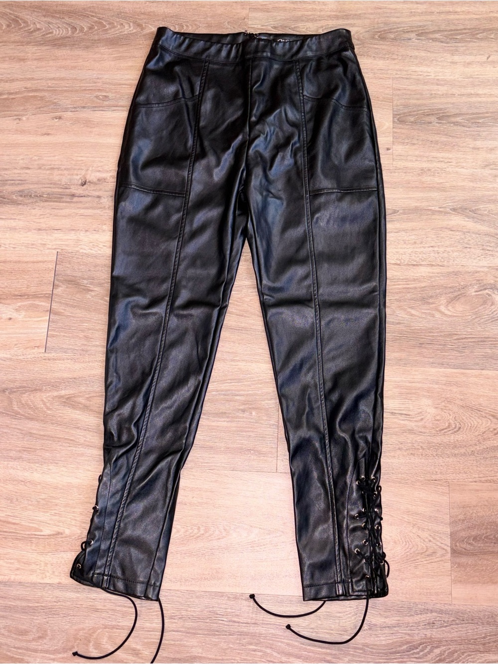 Black Faux Leather Lace-Up Ankle Pants. Size Large